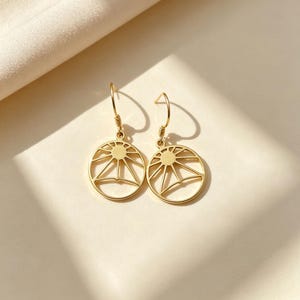 925 Sterling Silver Sunrise Hollow Circle Dangle Earrings, Art Deco Sun Ray Open Circle Hook Earrings Gold Plated Boho Summer Jewelry Gift