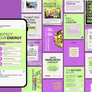 May include: A smartphone displaying a social media post titled PROTECT YOUR ENERGY with four morning rituals listed on a light green background. The screen shows a numbered list including No screen for 30 mins, Move your body, Get one clear intention, and Be kind to yourself.