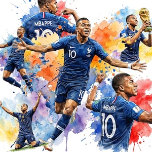 Può includere: Una stampa artistica in stile acquerello che raffigura più volte Kylian Mbappé con la maglia blu della nazionale francese e il numero 10. La composizione include pose dinamiche, gesti di esultanza e un trofeo dorato su uno sfondo con schizzi colorati.