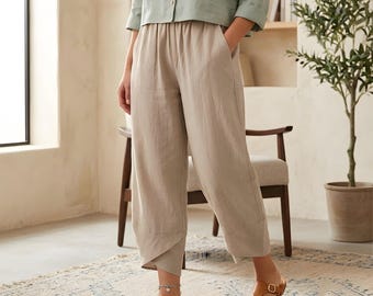 Womens Wide Leg Linen Trousers, Casual Cropped Pants, Everyday Comfort Wear, Elasticated Waist Style