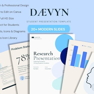 May include: A digital student presentation template titled DÆVYN featuring 20+ modern slides in 16:9 full HD size. The template includes charts, icons, diagrams, and a bonus icon library, displayed with sample slides showing research and data.
