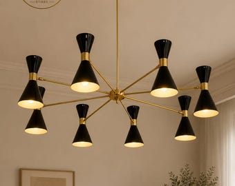 Kronleuchter aus Messing im Mid-Century-Modern-Stil, Stilnovo-Stil, 8-flammige, verstellbare Kegelpendelleuchte