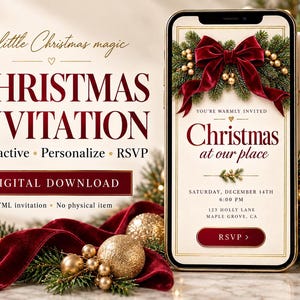 Puede incluir: Una invitación de Navidad digital en la pantalla de un teléfono inteligente con un lazo de terciopelo rojo oscuro, ramas de pino y adornos dorados. El texto dice A little Christmas magic, CHRISTMAS INVITATION, Interactive, Personalize, RSVP.