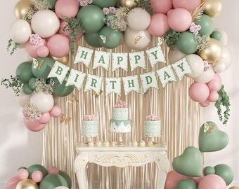 Pink Sage Green Balloon Garland Kit, Birthday Party Decorations with Gold Foil Balloons, Fringe Curtain and Banner for Women