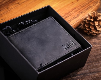 Cartera personalizada de cuero genuino, cartera con iniciales grabadas, cartera personalizada para hombre con protección RFID en relieve, regalo de cumpleaños para papá.