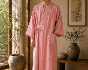 Katoenen kimonobadjas, roze loungewear in Japanse stijl, herenbadjas, minimalistisch comfort