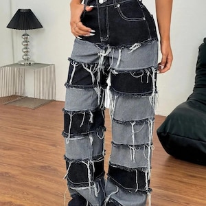 Patchwork Denim Jeans Women | Y2K Frayed Wide Leg Jeans | Two Tone Layered Jeans | Black Grey Denim Patchwork Pants | Rave Festival Jeans