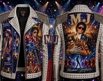 Jaqueta de couro personalizada com strass inspirada em Michael Jackson | Estilo glam rock dos anos 80 (Feita sob encomenda)