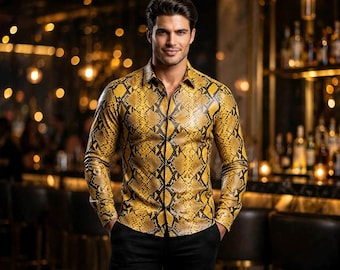 Camisa de couro com estampa de píton amarela | Camisa masculina slim fit com botões (feita à mão)