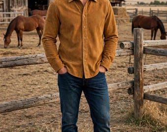 Camisa Western Artesanal em Camurça Bege | Camisa Masculina Estilo Rancho com Botões (Pele de Cordeiro)