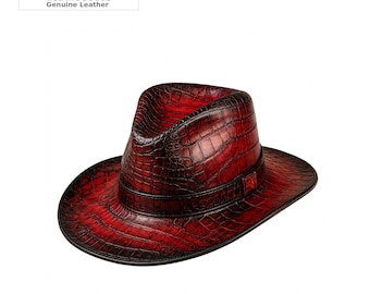 Chapéu Fedora em couro genuíno com textura de crocodilo, vermelho, estilo cowboy do oeste americano.
