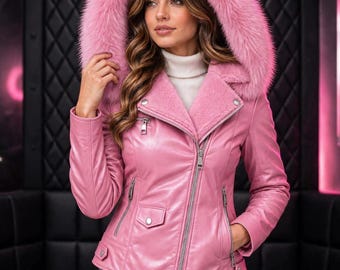 Jaqueta estilo motoqueiro rosa em couro vegano | Capuz de pelúcia, forro de sherpa para o inverno