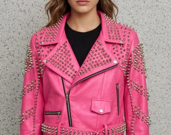 Jaqueta de couro sintético rosa choque com tachas | Casaco estilo motoqueiro punk rocker (estilo anos 2000)
