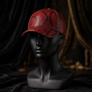Red Python Baseball Cap | Red Black Snakeskin Leather Cap | Python Leather Hat | Red Snakeskin Cap | Luxury Leather Baseball Cap | Biker Cap