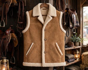 Colete marrom de camurça sintética com forro de sherpa | Colete estilo rancheiro western, ideal para sobreposições de inverno para equitação