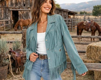 Jaqueta artesanal de camurça azul-petróleo com franjas | Casaco estilo cowboy com tachas