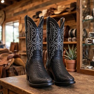 Black Python Cowboy Boots Women | Black Snakeskin Western Boots Black Embroidered Cowboy Boots | Black Western Cowgirl Boots | Custom Boots
