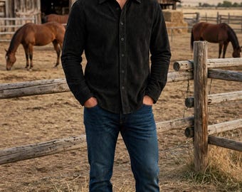 Camisa Western de Camurça Preta Feita à Mão | Camisa de Luxo Estilo Rancho com Botões (Pele de Cordeiro Legítima)