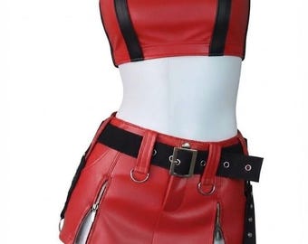 Conjunto de duas peças em couro sintético vermelho | Top frente única e saia com zíper (feito à mão)