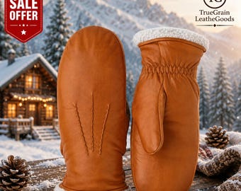 Handgefertigte lange Fäustlinge aus braunem Ziegenleder – Warme Winterhandschuhe für Damen und Herren