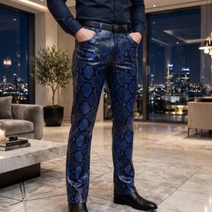 Blue Faux Snakeskin Print Trousers | Embossed Vegan Leather Party Pants (XS-5XL)