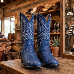 Blue Python Cowboy Boots Women | Blue Snakeskin Western Boots | Embroidered Python Boots | Blue Western Cowgirl Boots | Custom Cowboy Boots