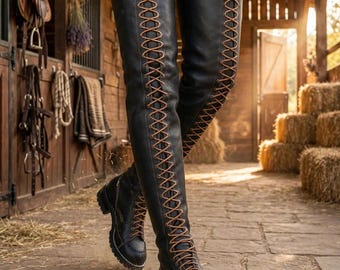Botas pretas de couro, feitas à mão, até a coxa com cadarço | Estilo equestre/western