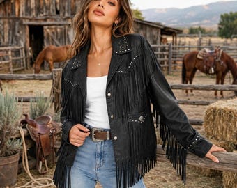 Jaqueta artesanal preta de camurça com franjas | Casaco estilo cowboy com tachas