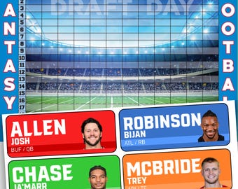 May include: A fantasy football draft board featuring a stadium background with a grid for 12 teams and 17 rounds. Below the board are rectangular player labels in red, blue, green, and orange, displaying names like Allen, Robinson, Chase, and Mcbride.