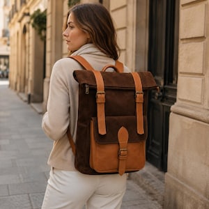 Dark Brown Suede Roll Top Backpack, Leather Commuter Travel Bag with Buckle Straps and Front Pocket