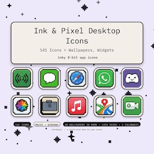Puede incluir: Una colección digital titulada Ink & Pixel Desktop Icons que incluye 141 iconos de aplicaciones en pixel art, fondos de pantalla y widgets. El conjunto presenta varios iconos cuadrados coloridos con esquinas redondeadas para macOS y Windows.