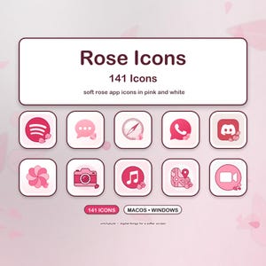 Puede incluir: Una colección digital de 141 iconos Rose con iconos de aplicaciones en rosa y blanco. La pantalla incluye diez iconos cuadrados con esquinas redondeadas, que muestran varios símbolos como una cámara, una nota musical y un mapa con pétalos.