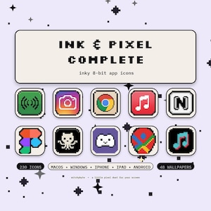 May include: A digital collection titled INK & PIXEL COMPLETE inky 8-bit app icons featuring ten pixelated app icons in a grid. The set includes 230 icons and 48 wallpapers compatible with macOS, Windows, iPhone, iPad, and Android devices.
