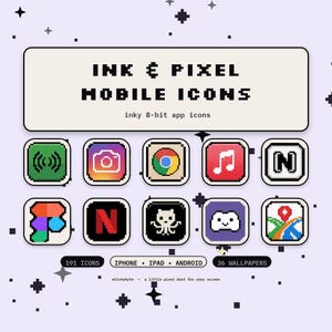 May include: A digital collection of Ink & Pixel Mobile Icons featuring 8-bit app icons, including 191 icons and 36 wallpapers for iPhone, iPad, and Android. The display shows various colorful square app icons with rounded corners and pixelated designs.