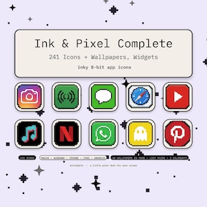 May include: A digital collection titled Ink & Pixel Complete featuring 241 icons, wallpapers, and widgets in an 8-bit pixel art style. The set includes various colorful app icons with square borders and a light purple background with small black pixel stars.