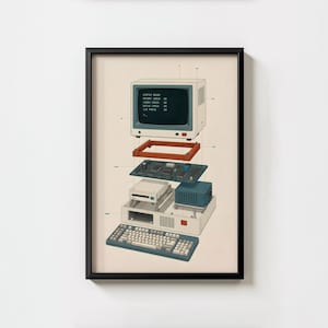 Retro Computer Exploded Diagram Print, Vintage PC Technical Illustration (Digital Download)
