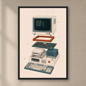 Diagrama de despiece de ordenador retro, ilustración técnica de PC vintage (descarga digital)