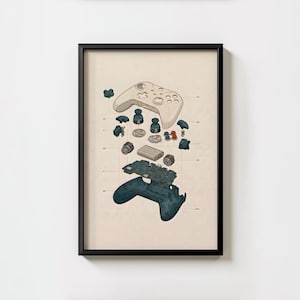 分解図のゲームコントローラープリント、ビンテージサービスマニュアル風、ゲーマールームアート（デジタルダウンロード）