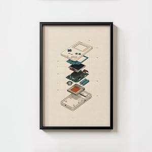 Handheld Game Console Exploded Diagram Print, Retro Gaming Technical Art (Digital Download)