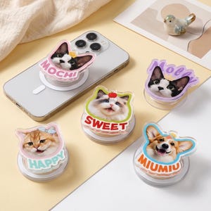 Custom Pet Photo Phone Grip, Personalized Dog Cat Portrait PopSocket, Magnetic Or Adhesive Pet Name Phone Holder, Pet Lover Custom Gift