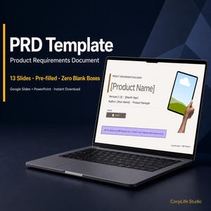 May include: A dark gray laptop displaying a PRD Template Product Requirements Document with 13 slides. The screen shows a document titled Product Name with version and author fields, plus a graphic of a tablet and a purple tip box at the bottom.