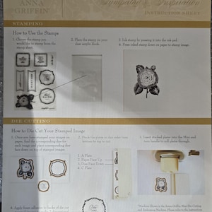 May include: An Anna Griffin Treasury Autoship Sympathy & Inspiration instruction sheet featuring step-by-step guides for stamping and die cutting. The document includes diagrams, text instructions, and illustrations of floral stamps and die-cut shapes.