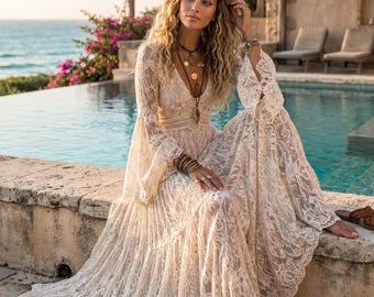 Bell Sleeve Lace Maxi Dress — V-Neck Embroidered Sheer Boho Cottagecore Vintage Sundress