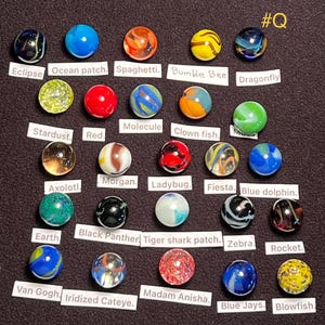 May include: A collection of twenty-five glass marbles arranged in five rows, each labeled with a white paper tag. The marbles feature various colors and patterns, including solid, swirled, speckled, and clear designs, identified by names like Eclipse, Ocean patch, Spaghetti, Bumble Bee, Dragonfly, Stardust, Red, Molecule, Clown fish, Moss, Axolotl, Morgan, Ladybug, Fiesta, Blue dolphin, Earth, Black Panther, Tiger shark patch, Zebra, Rocket, Van Gogh, Iridized Cateye, Madam Anisha, Blue Jays, and Blowfish.