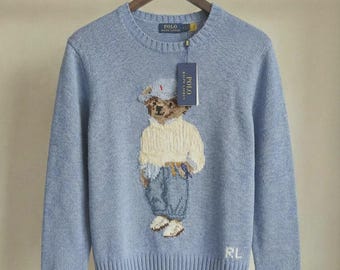 Ralph Lauren Sky Blue Polo Bear Knit Sweater | Vintage Old Money Jumper