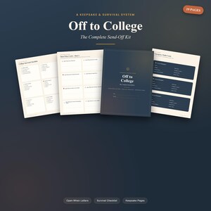 May include: A 19-page Off to College keepsake and survival system kit. The set includes a dark blue cover booklet, a college survival checklist, open-when cards, and emergency wallet cards with cream-colored paper and dark blue text.