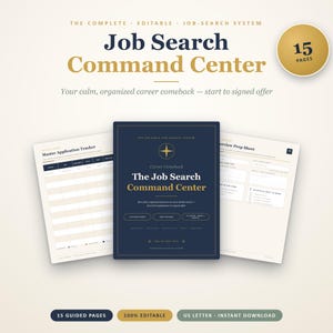 May include: A digital job search command center document set featuring a dark blue cover page with gold text, flanked by two light-colored internal pages showing a master application tracker and an interview prep sheet, totaling 15 pages.