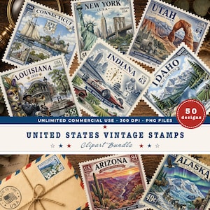 Sellos antiguos de Estados Unidos, paquete de imágenes PNG de efímeros postales estatales, imágenes prediseñadas para diarios creativos, uso comercial.
