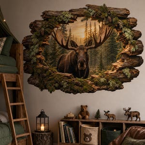 Può includere: Un grande adesivo da parete raffigurante un alce realistico in una foresta, incorniciato da un bordo di tronchi testurizzati e ricoperti di muschio. La scena mostra un alce in una pineta al tramonto, creando un effetto tridimensionale sulla parete.