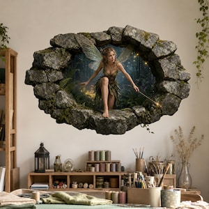 May include: A wall decal featuring a 3D-style stone archway opening into a dark forest scene. A fairy with translucent wings and a leaf-patterned dress stands in the center of the opening, holding a glowing wand. The design includes mossy rocks.